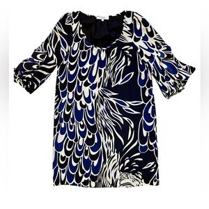Tibi Silk Abstract Feather Print Ruffle Sleeve Shift Dress Size 2